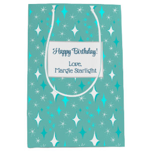 Retro Teal and White Star Pattern Editable Medium Gift Bag