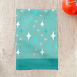Retro Teal and White Star Pattern Kitchen Towel<br><div class="desc">A kitchen towel with a retro star pattern in teal and white on a light teal background and dark teal borders.</div>