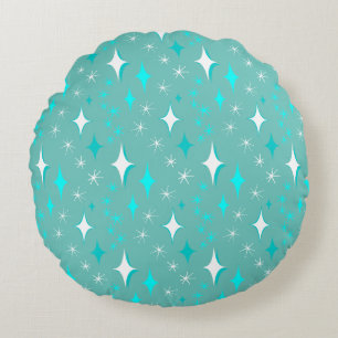 Retro Teal and White Star Pattern Round Pillow