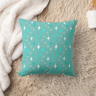 Retro Teal and White Star Pattern Throw Pillow