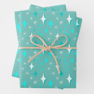 Retro Teal and White Stars Pattern Wrapping Paper Sheet