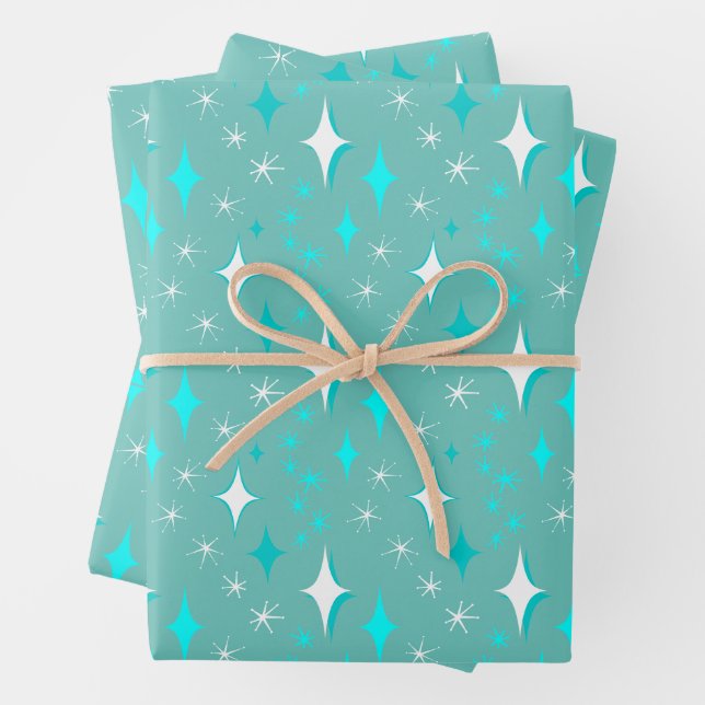 Retro Teal and White Stars Pattern Wrapping Paper Sheet (In situ)
