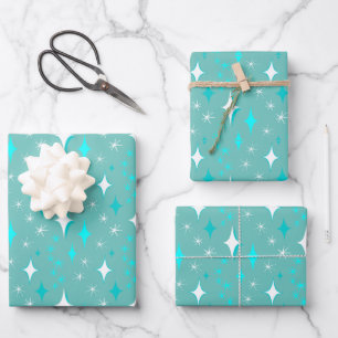Retro Teal and White Stars Pattern Wrapping Paper Sheet