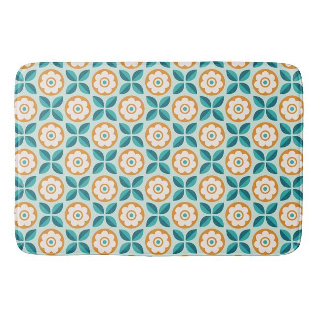 Retro Teal Aqua Orange Floral Geometric Pattern Bath Mat (Front)