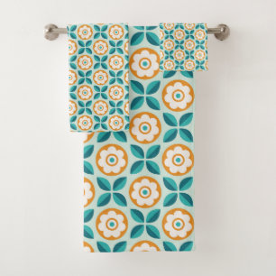 Retro Teal Aqua Orange Floral Geometric Pattern Bath Towel Set