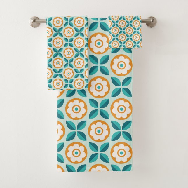 Retro Teal Aqua Orange Floral Geometric Pattern Bath Towel Set (Insitu)