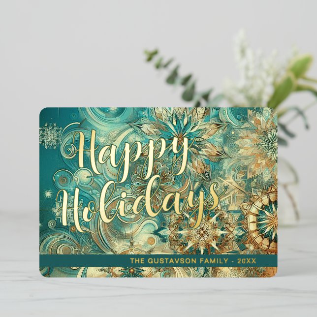 Retro Teal Blue Abstract Snowflake Floral Art Gold Foil Holiday Card (Standing Front)