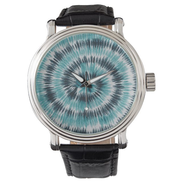 Retro Teal Blue Green and Black Spiral Tie Dye    Watch (Front)