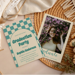 Retro Teal Chequerboard Arch Graduation Party Invitation