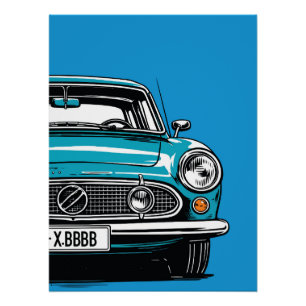 Retro Teal Classic Car Front Pop Art Illustration Poster