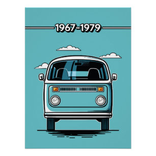 Retro Teal Classic Van Front Pop Art Illustration Poster