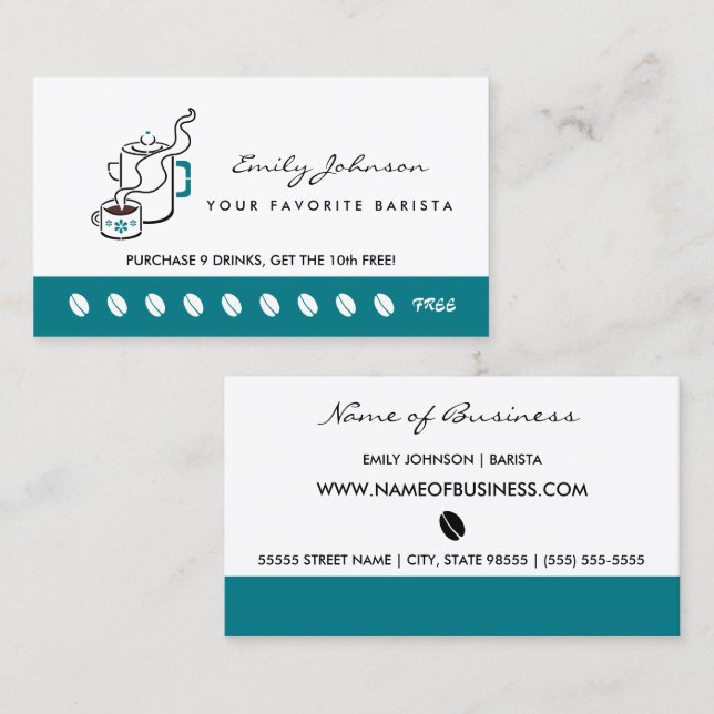 Retro Teal Coffee Pot Barista Loyalty Punch Card (Front/Back)