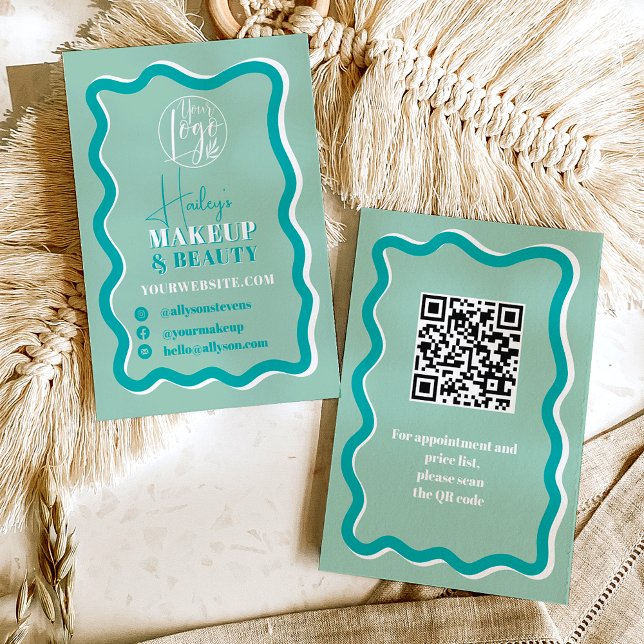 Retro teal curve squiggle wavy makeup beauty business card (Retro teal curve squiggle wavy makeup beauty business card)