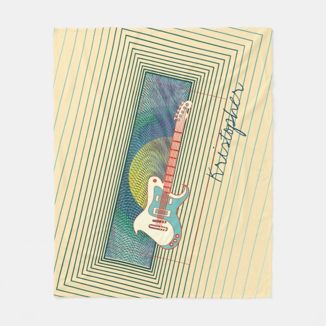 Retro Teal Electric Guitar Cool Personalised Name Fleece Blanket (Front)