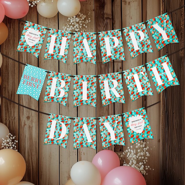 Retro Teal Floral Strawberry Berry First Birthday Bunting (Creator Uploaded)