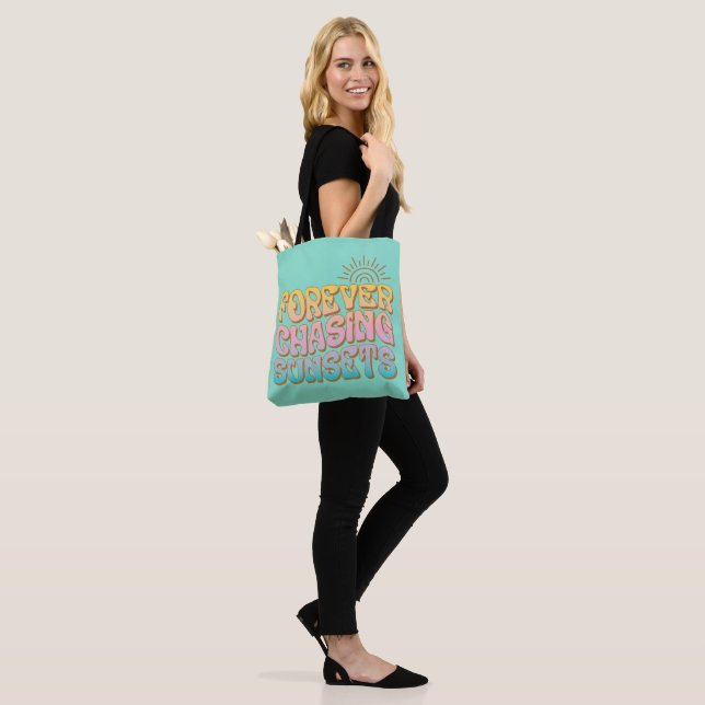 Retro Teal "Forever Chasing Sunsets" Tote Bag (On Model)
