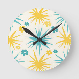 Retro Teal Mustard Floral Burst Round Clock