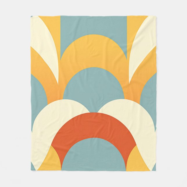 Retro Teal Mustard Scallop Pattern Fleece Blanket (Front)