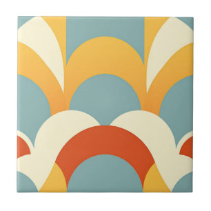 Retro Teal Mustard Scallop Pattern Tile