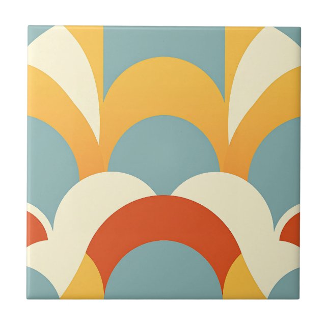 Retro Teal Mustard Scallop Pattern Tile (Front)
