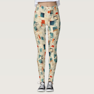 Retro Teal Orange Camera Cassette Ephemera Leggings