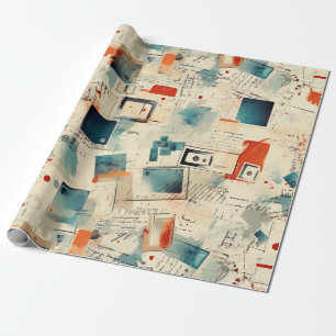 Retro Teal Orange Camera Cassette Ephemera Wrapping Paper