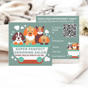 Retro Teal orange Dogs Grooming Salon Qr code Square Business Card