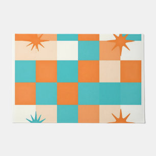 Retro Teal Orange Starburst Checkerboard Doormat