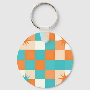 Retro Teal Orange Starburst Checkerboard Key Ring