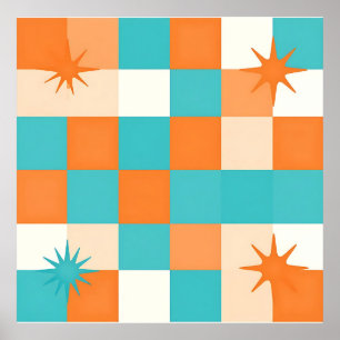 Retro Teal Orange Starburst Checkerboard Poster