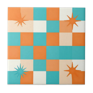 Retro Teal Orange Starburst Checkerboard Tile