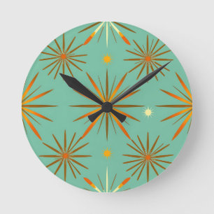 Retro Teal Orange Starburst Pattern Round Clock