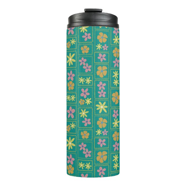 Retro Teal Patchwork Floral Thermal Tumbler (Front)