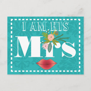 Retro Teal Pink Coral Red Damask Wedding Postcard