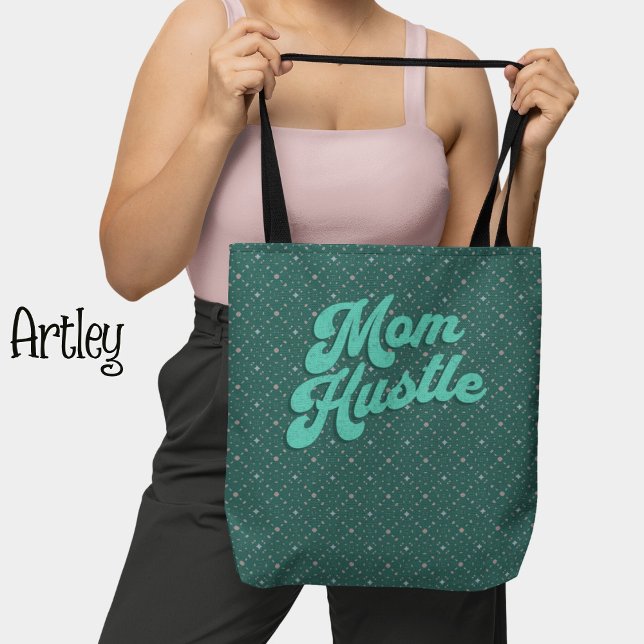 Retro Teal Pink floral pattern Mum Hustle  Tote Bag (Creator Uploaded)