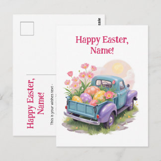 Retro Teal & Purple Truck with Easter Eggs Postcard