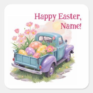 Retro Teal & Purple Truck with Easter Eggs Square Sticker