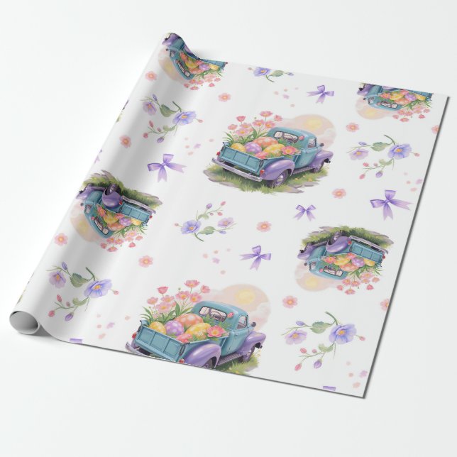 Retro Teal & Purple Truck with Easter Eggs Wrapping Paper (Unrolled)