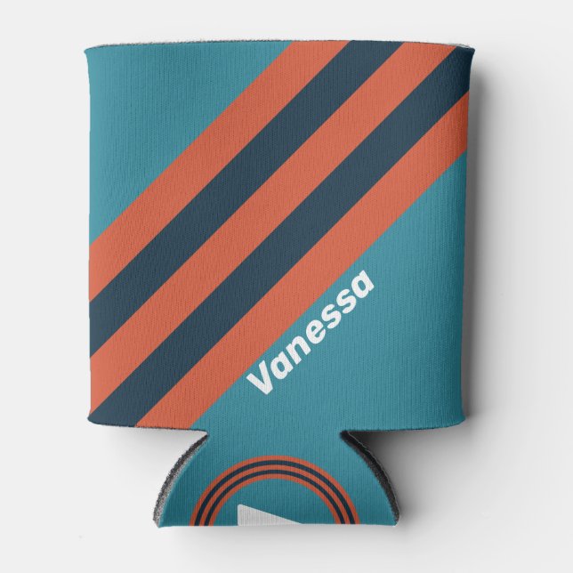 Retro Teal Splash Stripes with Name Can Cooler (Front)