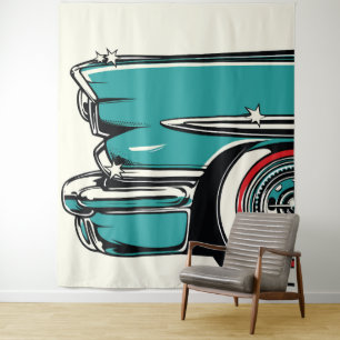Retro Teal Sports Car Front Pop Art Illustration Tapestry
