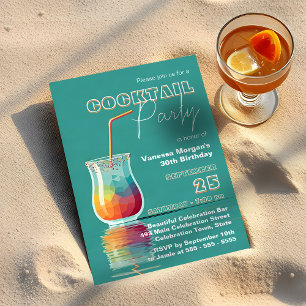Retro Teal Tropical Cocktail 30th Birthday Party Invitation