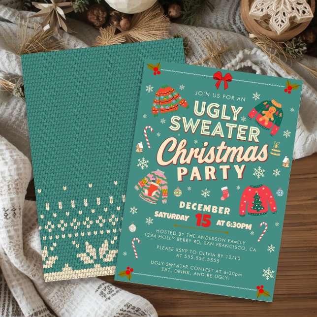 Retro Teal Ugly Sweater Christmas Party Invitation (Retro teal ugly sweater Christmas party invitation with knit pattern and festive holiday decor.)