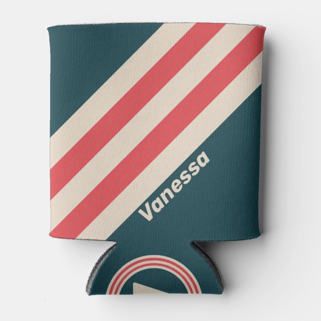 Retro Teal Vibe Stripes with Name Can Cooler (Front)