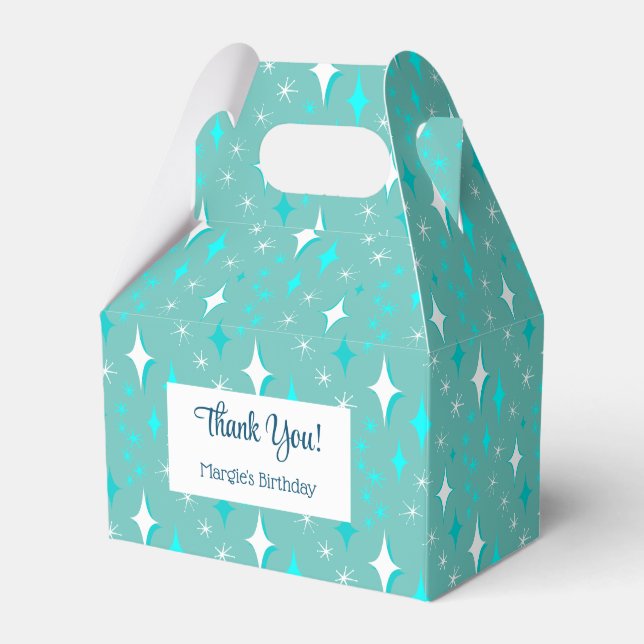 Retro Teal White Atomic Stars Editable Thank You Favour Box (Front Side)