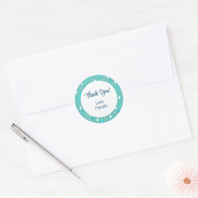 Retro Teal White Stars Editable Thank You Stickers (Envelope)