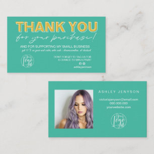 Retro teal yellow photo logo order thank you business card