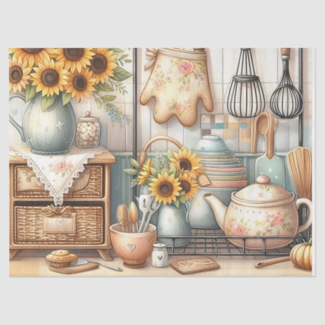 Retro Teapots and Sunflowers Kitchen Watercolor  Tissue Paper (Front)