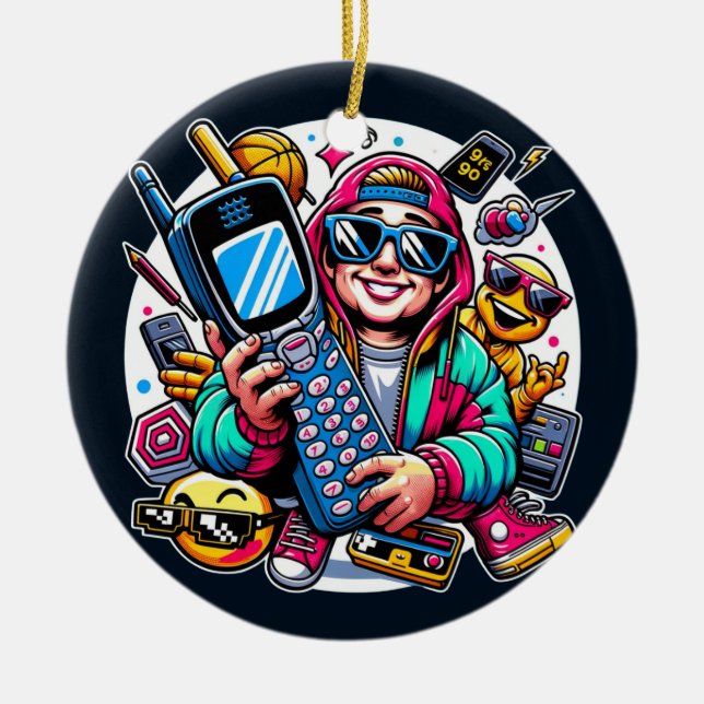 Retro Tech Playground: A Nostalgic 90s Odyssey Ceramic Tree Decoration (Front)