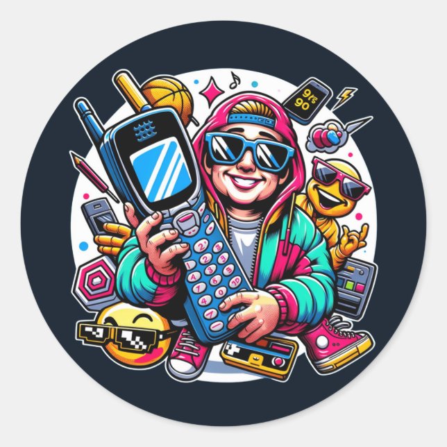 Retro Tech Playground: A Nostalgic 90s Odyssey Classic Round Sticker (Front)