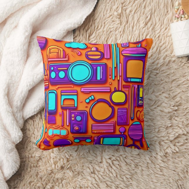 Retro Tech Pop: Nostalgic Gadget Collage Cushion (Blanket)